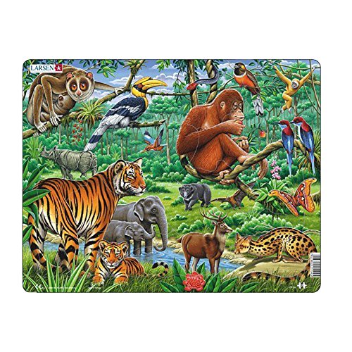 Larsen FH24 Puzzle Incorniciato Giungla Asiatica, 20 Pezzi A Forma Di Animale, Per Bambini, Educativo