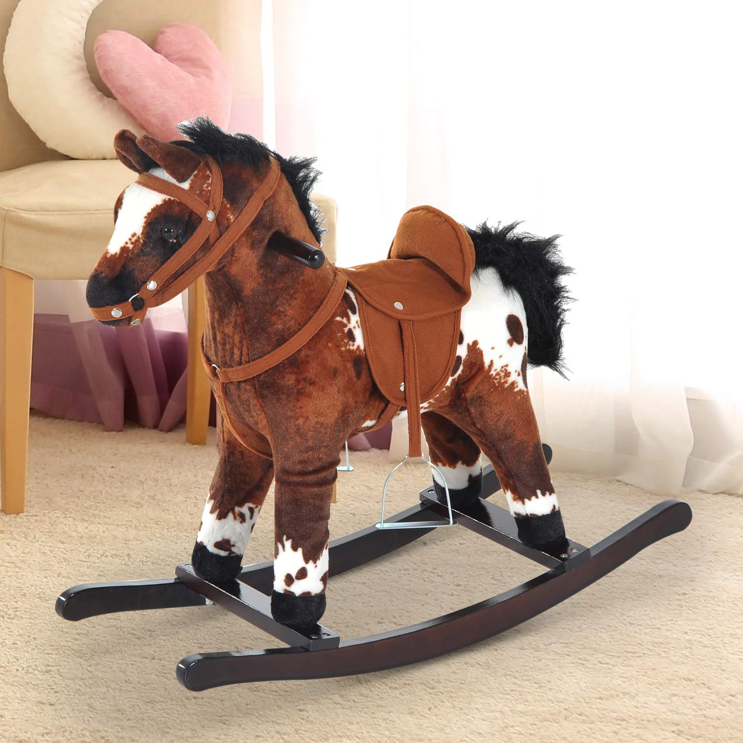 HOMCOM Kids Toy Rocking Horse Wood Plush Pony Handle Ride on Animal ...