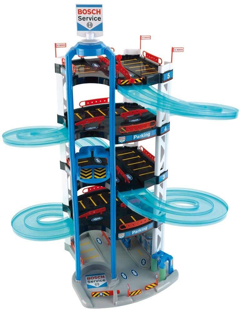 Theo Klein 2813 Bosch Car Service Multi-Storey Car Park I With 5 levels, two-lane exit ramp, 2 racing cars, lift and much more I Dimensions: 55 cm x 55 cm x 85 cm I Toy for children aged 3 years and up
