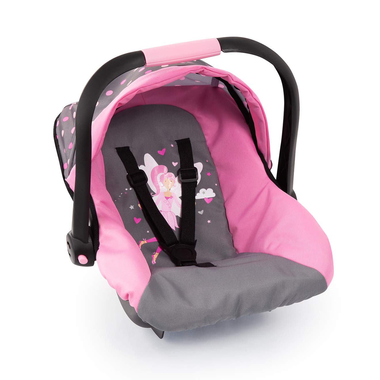 Bayer Doll Stroller - Grey/Pink Stars, Fits 18" Dolls, Adjustable Handle, Swivel Wheels, Bag, Basket, 3