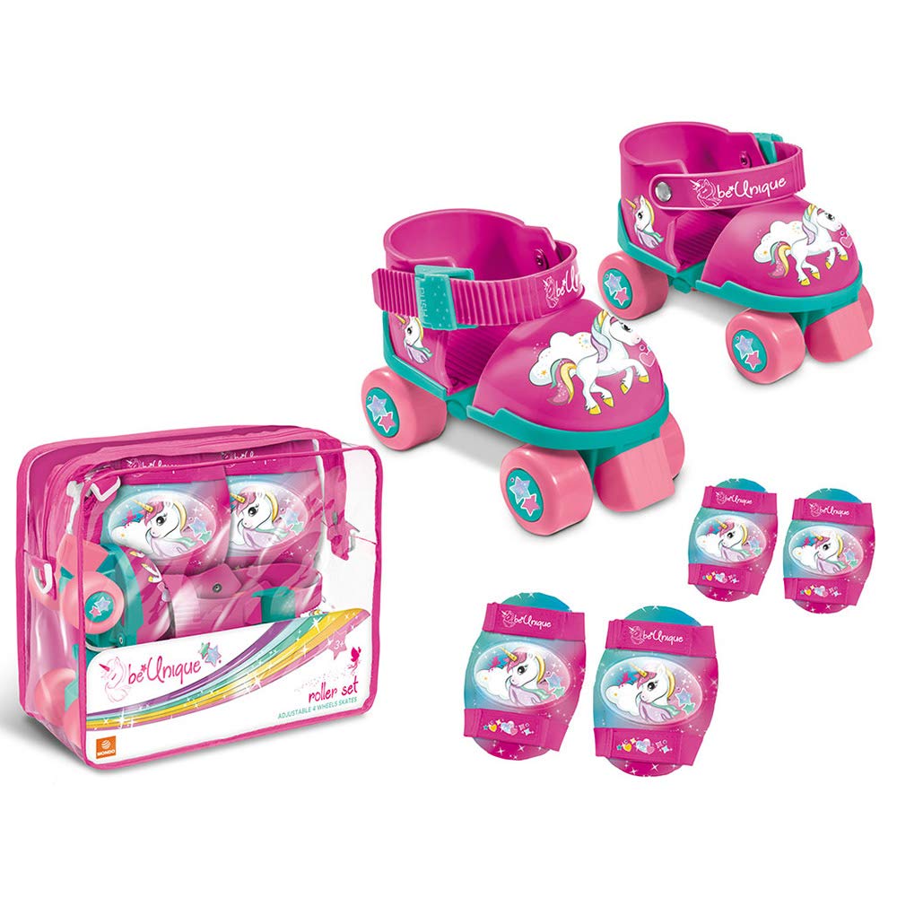 Mondo Toys Kids Adjustable Unicorn Roller Skates - Size 22 to 29 - Complete Set of Clear Bag, Elbow and Knee Pads 28511