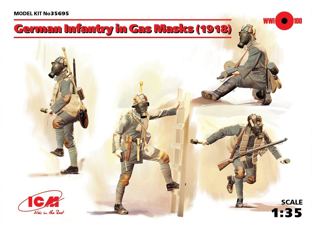 ICM ICM35695 1:35-German Infantry in Gas Masks (1918) 4 Figs, Sky Blue