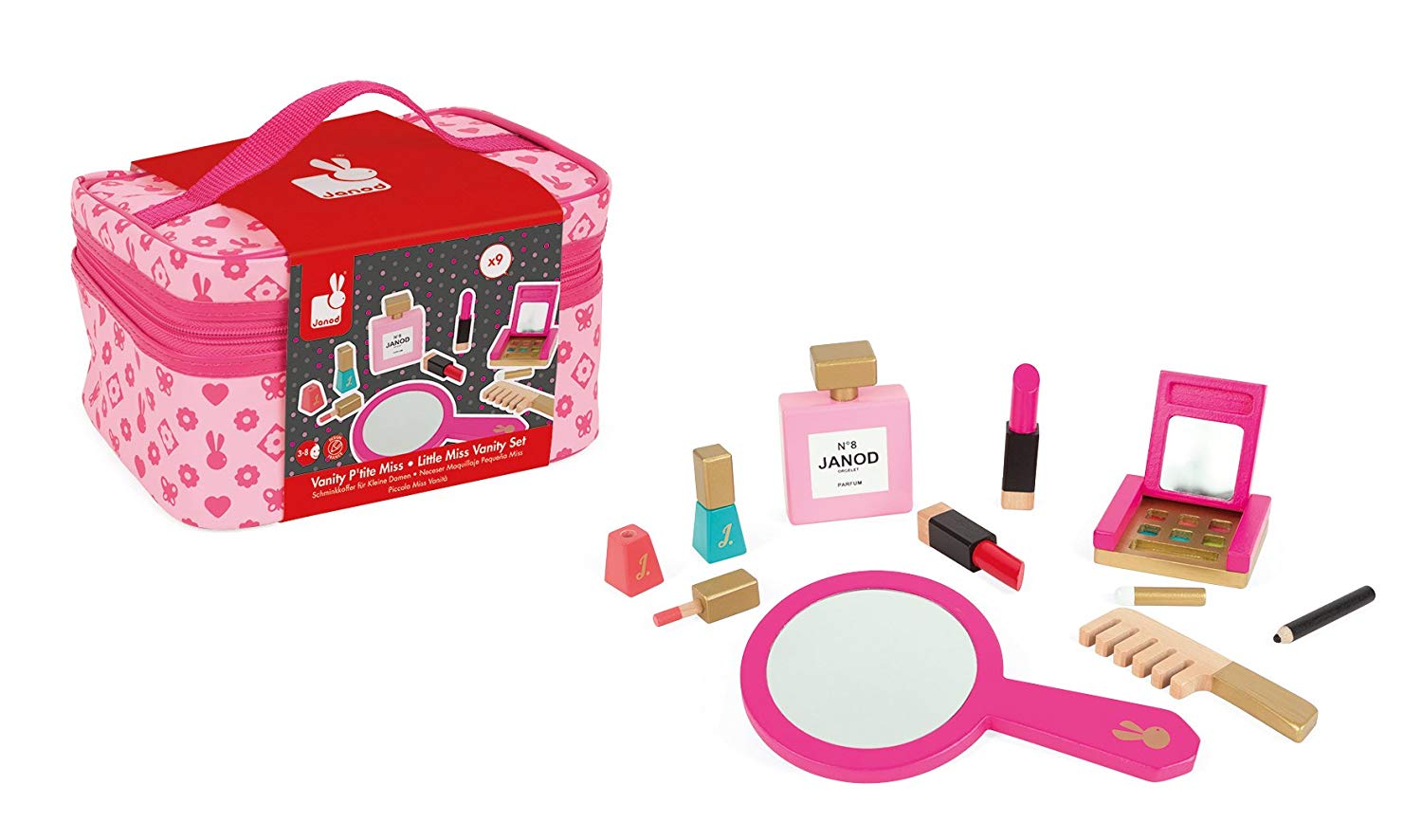 Janod - P'tite Miss Vanity Case for Children - 9 Solid Wood Accessories Included - Pretend Play Toy Beauty and Cosmetic, J06514, Pink