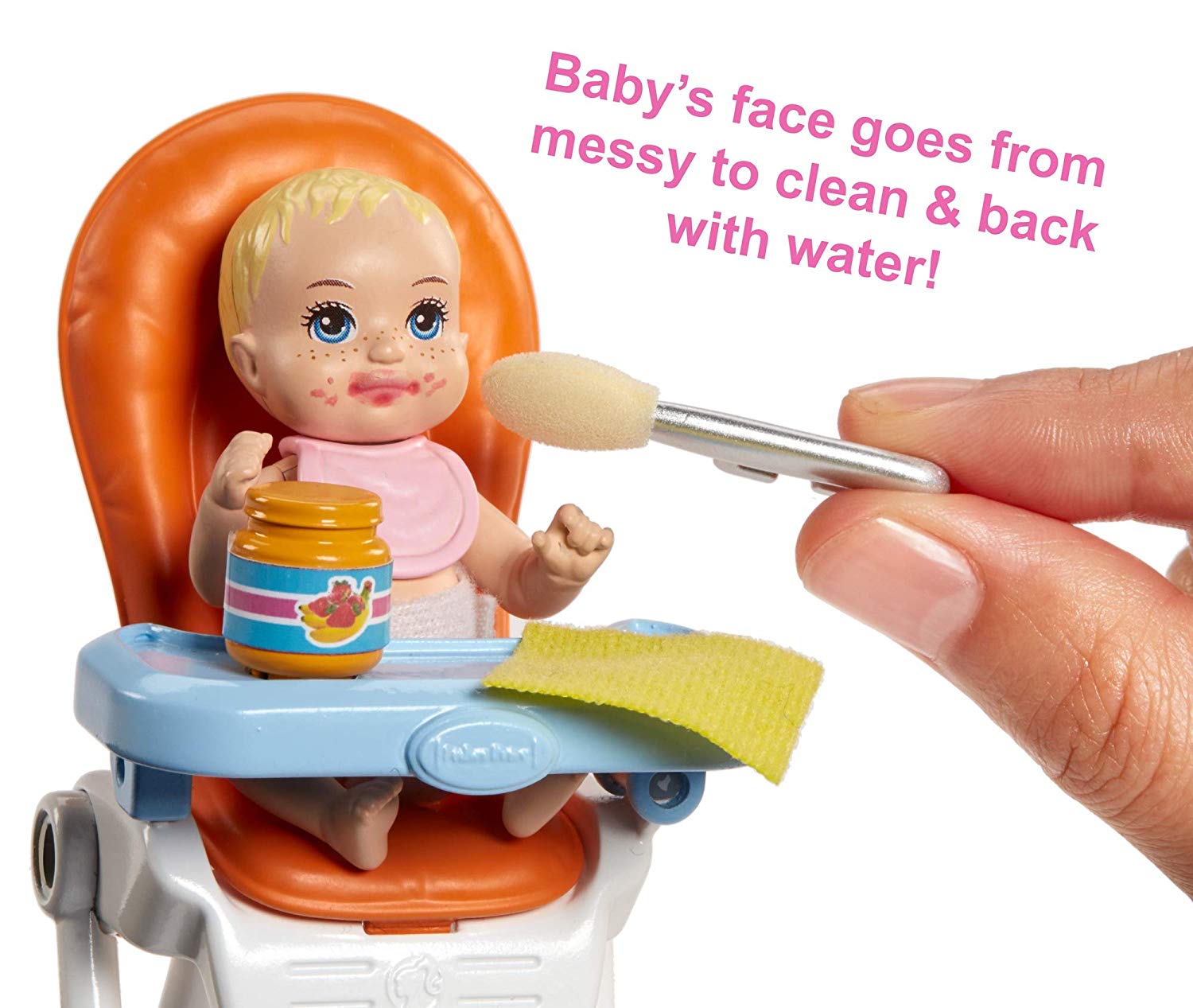 Barbie FHY98 FAMILY Babysitter Brunette Doll with Baby and Accessories, with A Highchair Playset, Multi-Colour, 0 - Image 3