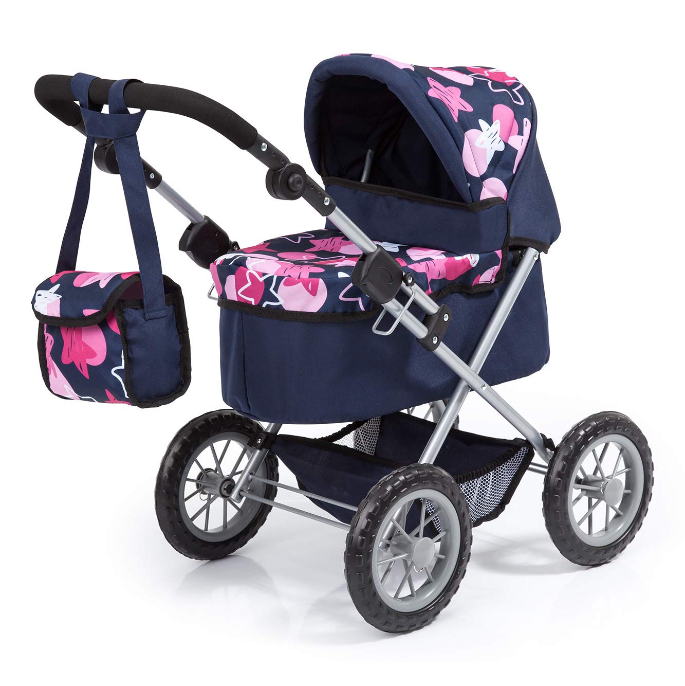 Bayer Design 13069AA Dolls Pram Trendy with Shoulder Bag and Underneath Shopping Basket, Blue, with Stars Pattern