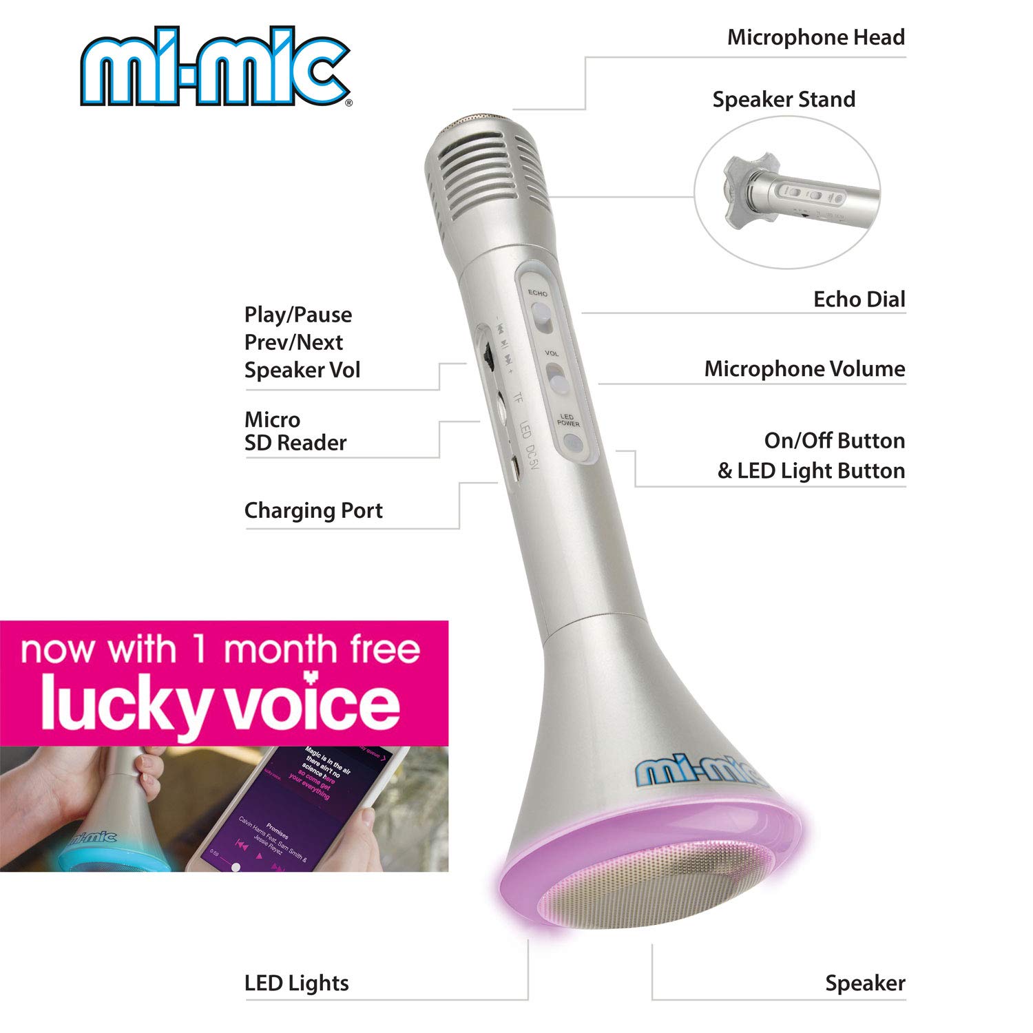 Mi-Mic Karaoke Microphone Haut-parleur avec Bluetooth et Lumière DEL Argent TY5899SV 