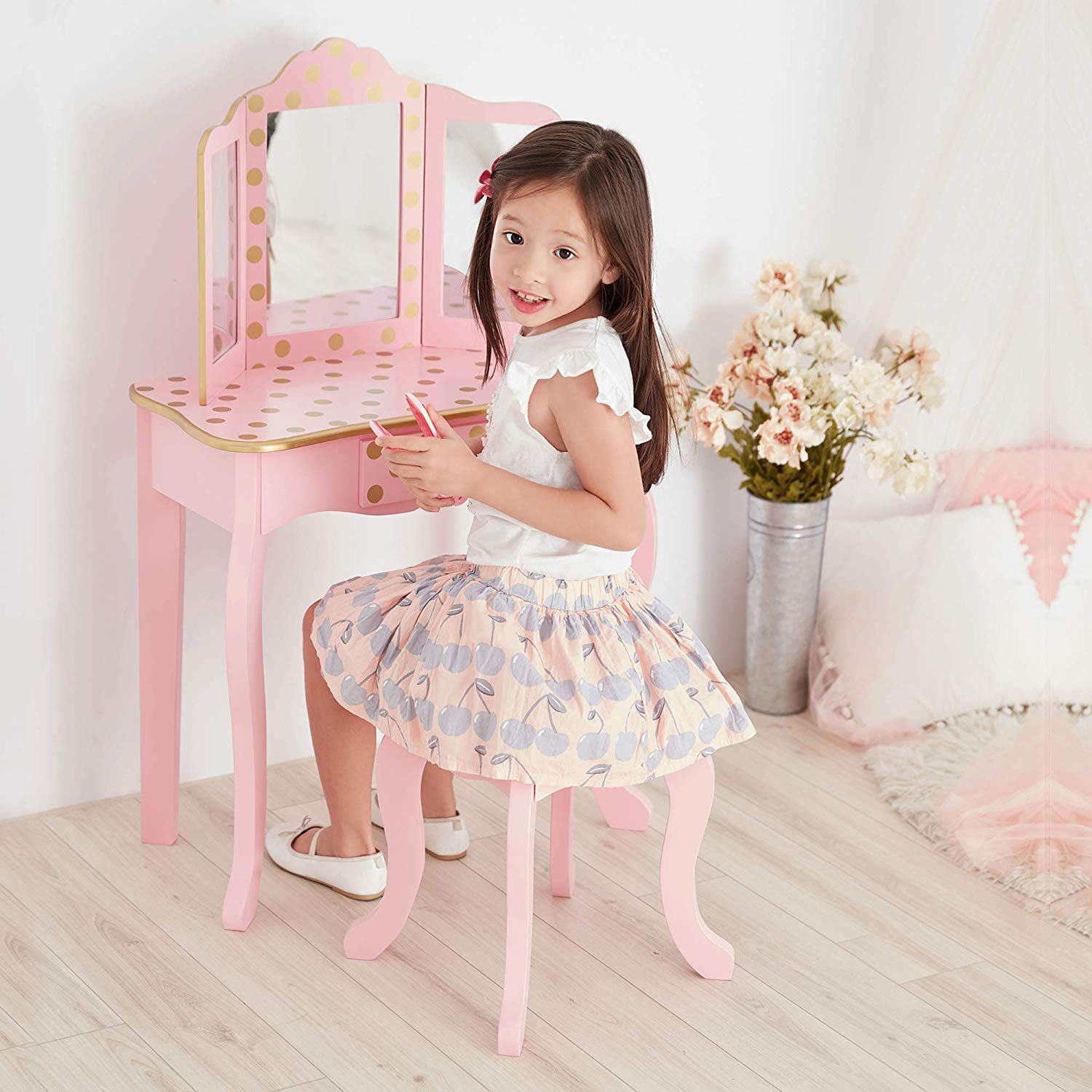 Fantasy Fields Gisele Dressing Tables Vanity Table With Mirror & Stool Pink Rose Gold Polka Dot UK-TD-11670L - Image 2