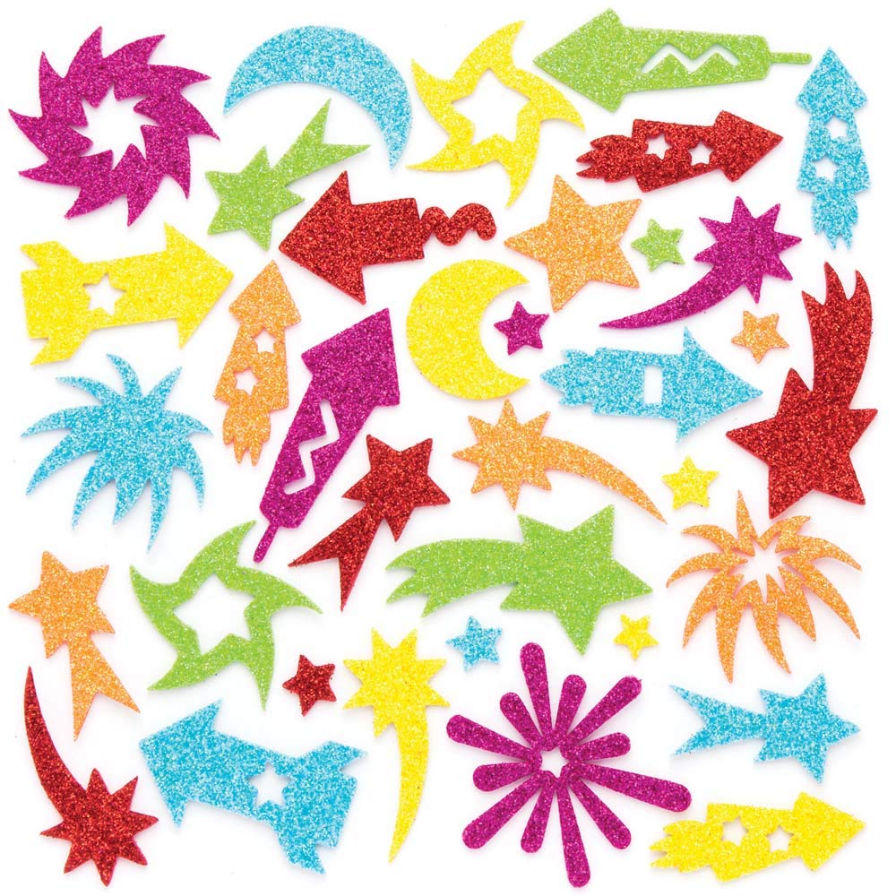 Baker Ross AR675 Craft-It Fireworks Glitter Foam Stickers for Kids' Crafts  and Art Projects, Cards, Party Bags, and Decorations (Pack of 120) – TopToy
