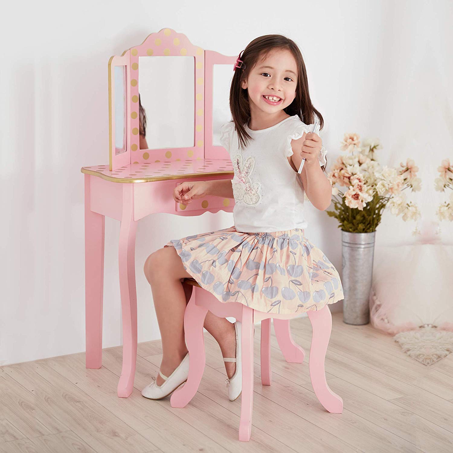 Fantasy Fields Gisele Dressing Tables Vanity Table With Mirror & Stool Pink Rose Gold Polka Dot UK-TD-11670L - Image 3