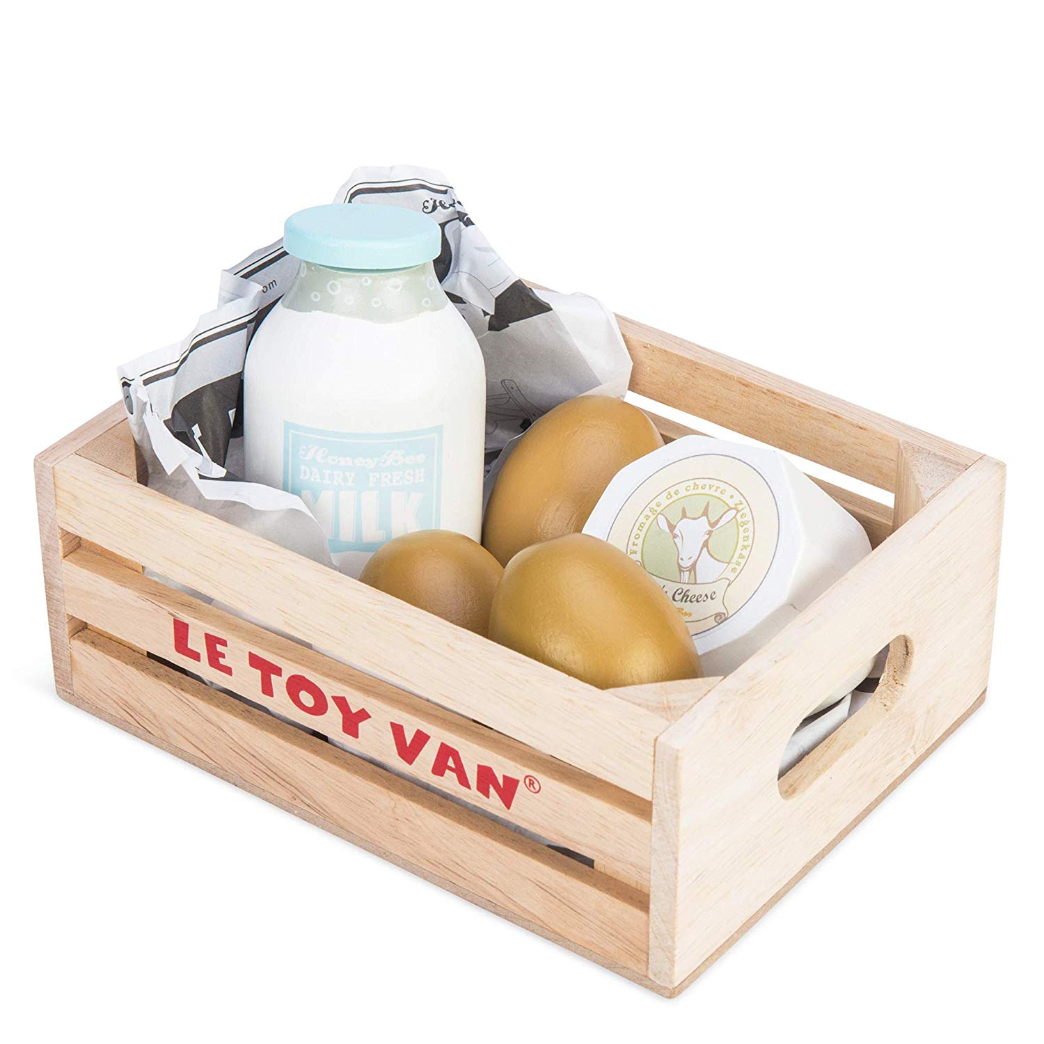 Le Toy Van Wooden Eggs & Dairy Toy Crate with Pretend Milk and Cheese Role Play Food Shopping