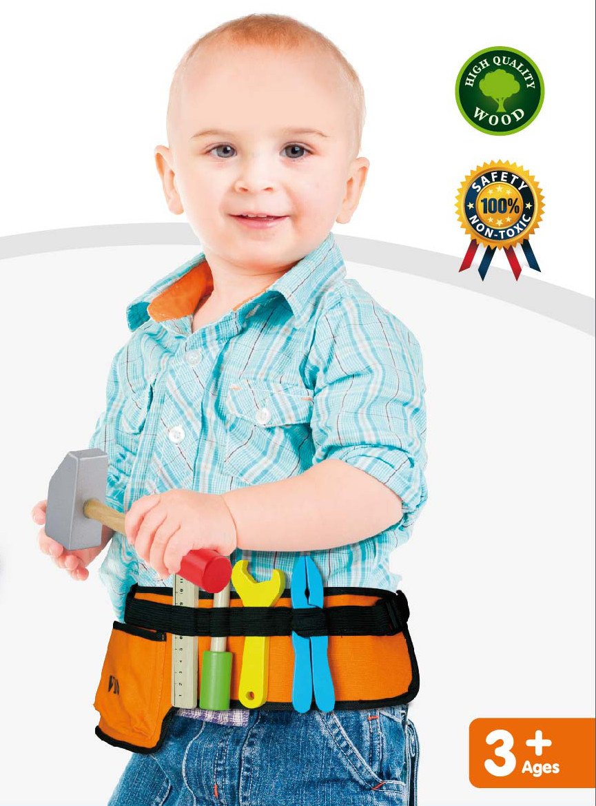 Top Race Kids Toy Fabric Tool Belt Set 10Pcs with Wooden Tools