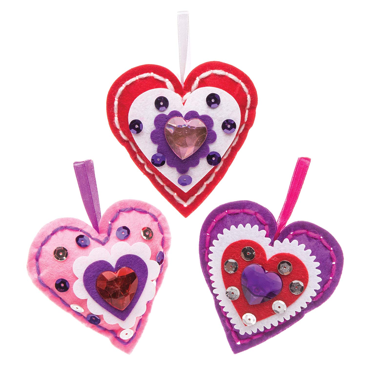 Baker Ross Heart Decoration Sewing Kits (Pack of 3) for Kids to Make, Display or Gift for Mothers Day/Valentines Day