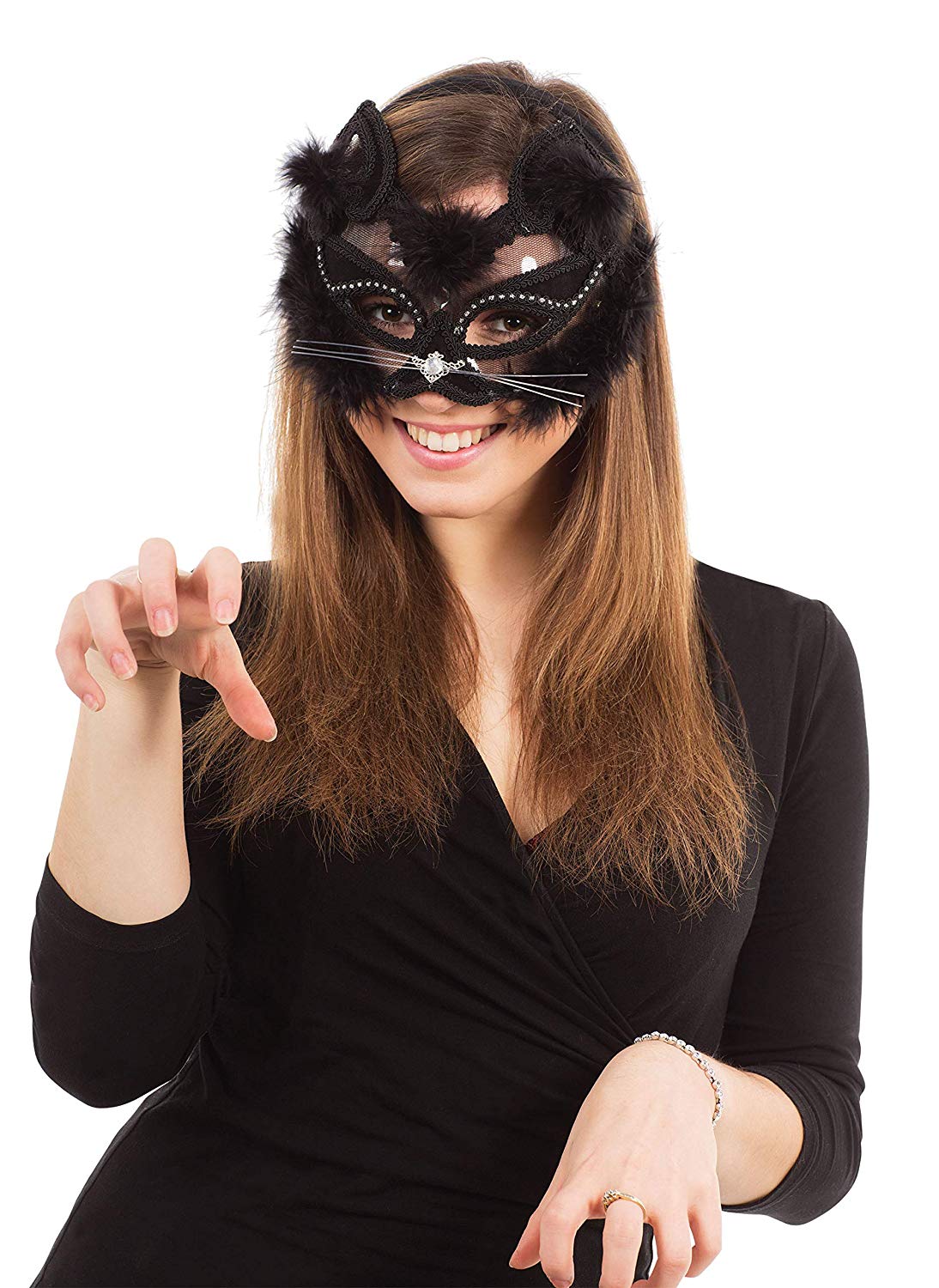 Bristol Novelty Transparent Cat Eye Mask on Headband, PET, Polyester, Acrylic Stone, Feather, Steel Sheet, Black, One Size - Image 2