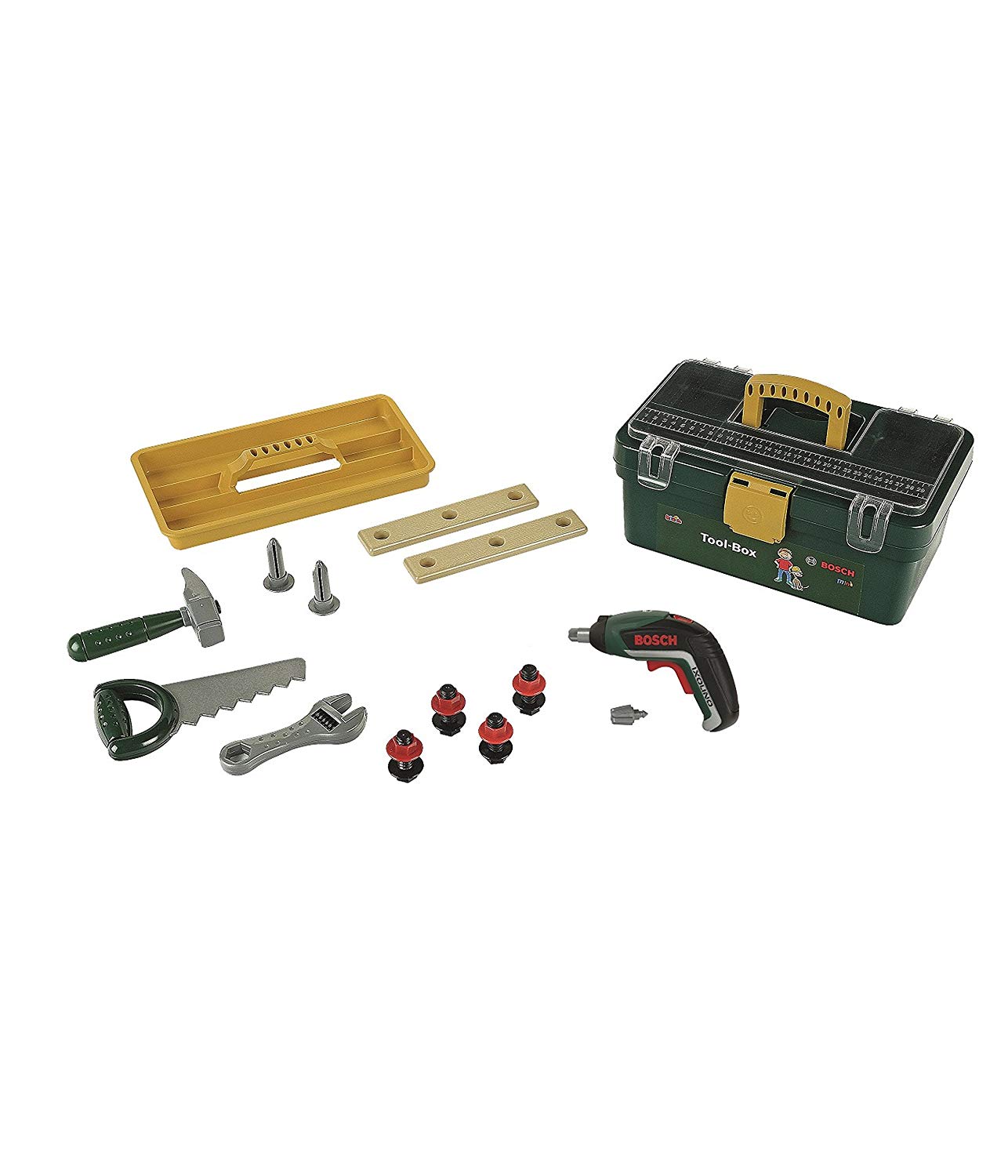 Theo Klein 8609 Bosch Tool Box I With Ixolino Battery-Powered Cordless Screwdriver I Includes Lots of Tools Such as Hammer, Saw, Adjustable Wrench I Dimensions: 32 cm x 20.5 cm x 15 cm