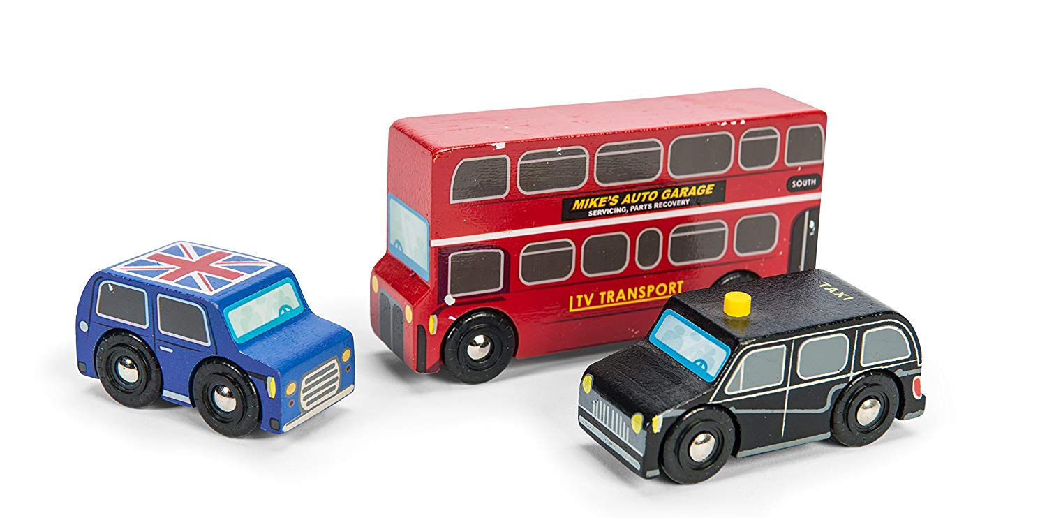 Le Van Wooden Little London Themed Vehicle Set Iconic Red Bus, Black Cab and Union Jack Classic Car Toys – TopToy