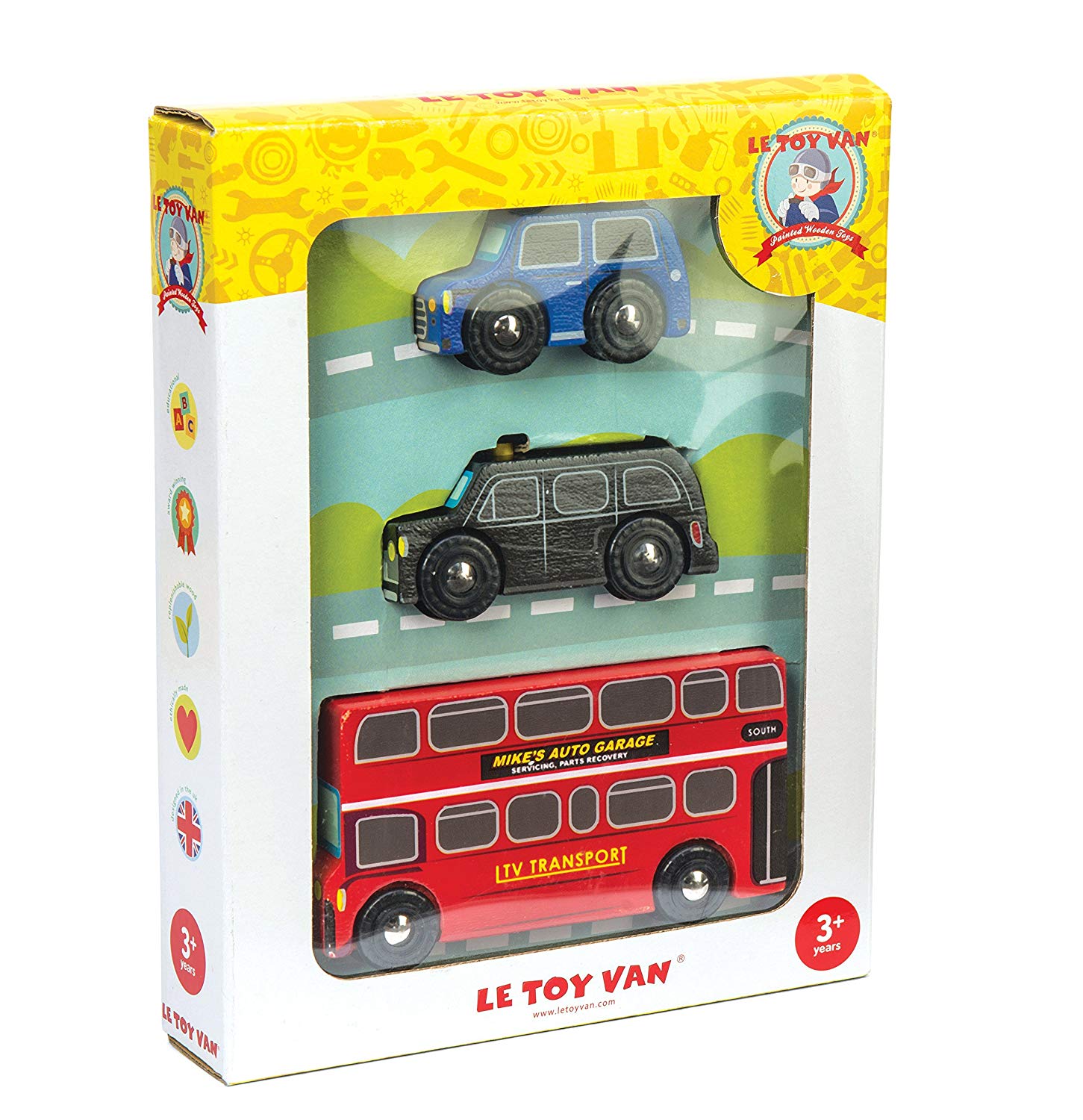 Le Van Wooden Little London Themed Vehicle Set Iconic Red Bus, Black Cab and Union Jack Classic Car Toys – TopToy