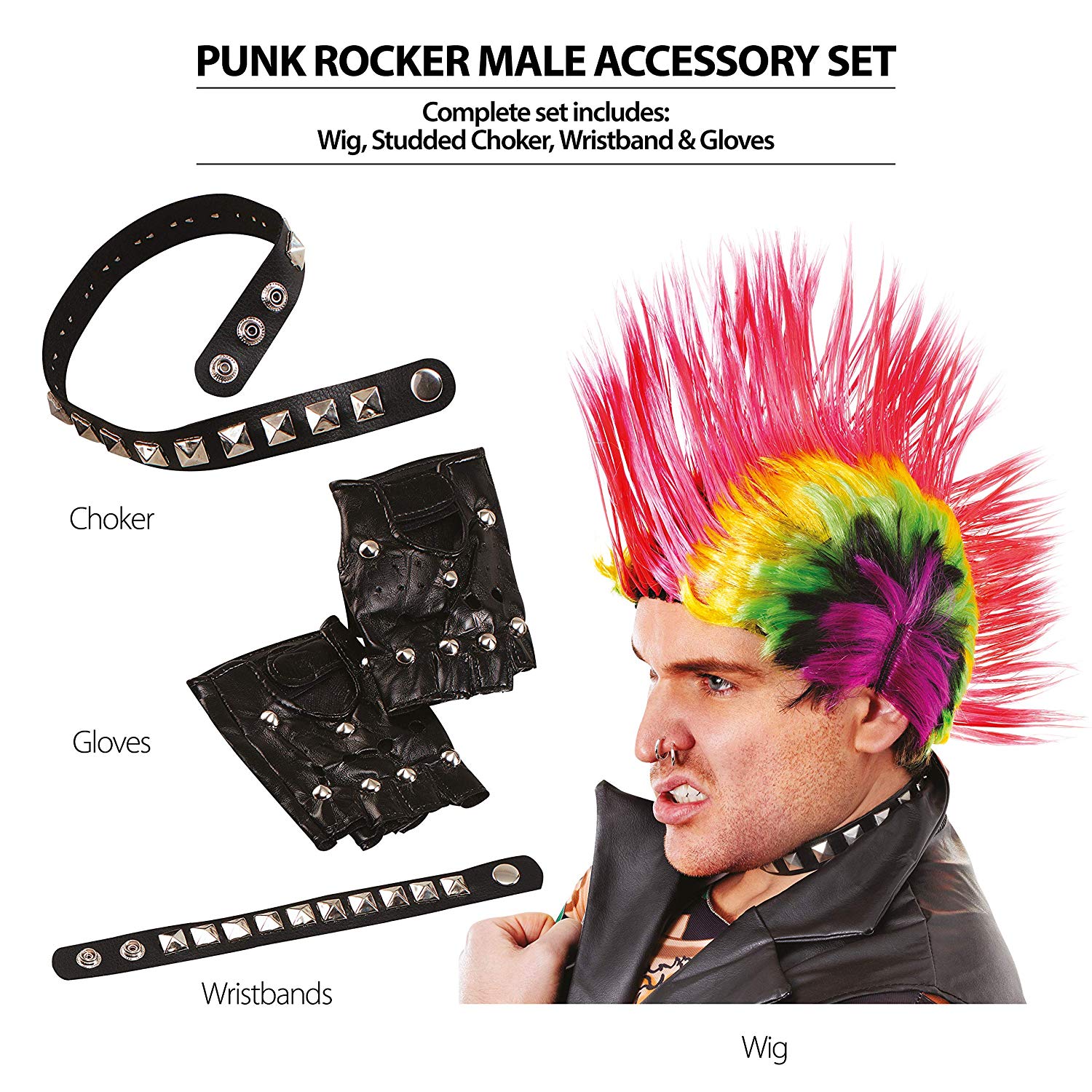 Bristol Novelty AP013 Punk Rocker Male Accessory Set, Multicoloured ...