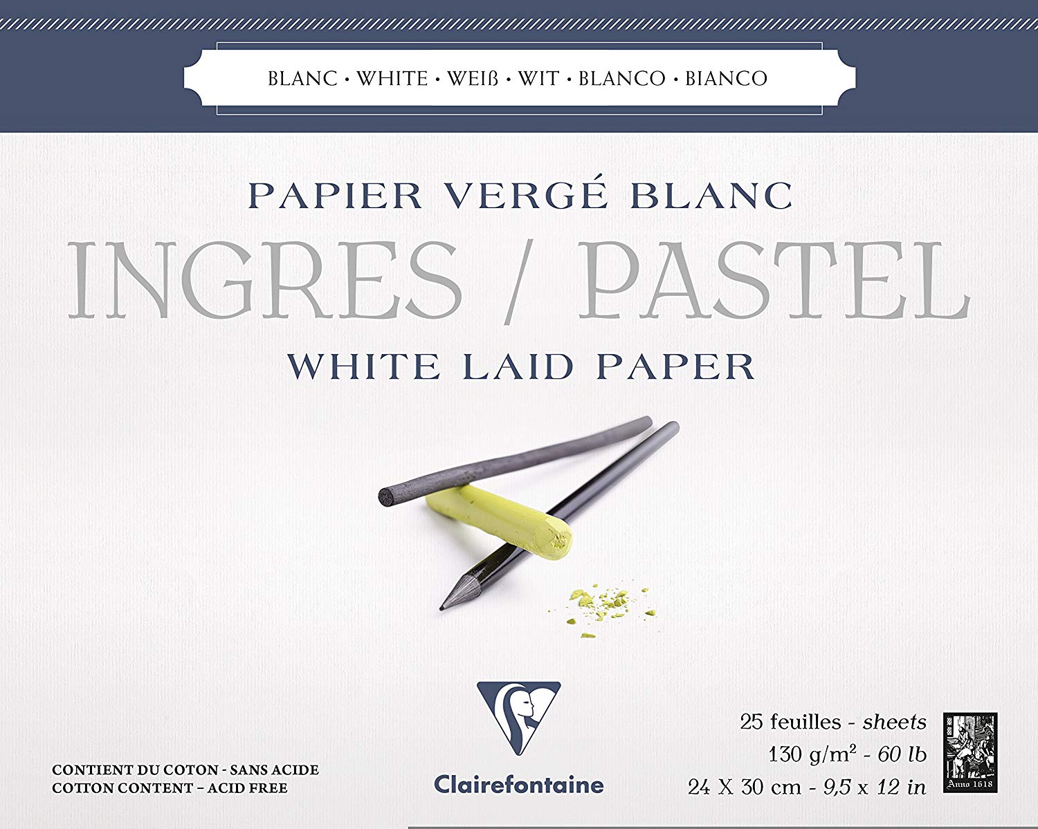 Clairefontaine 96482C Ingres White Pastel Glued Pad, 24 x 30 cm, 130 g, 25 Sheets