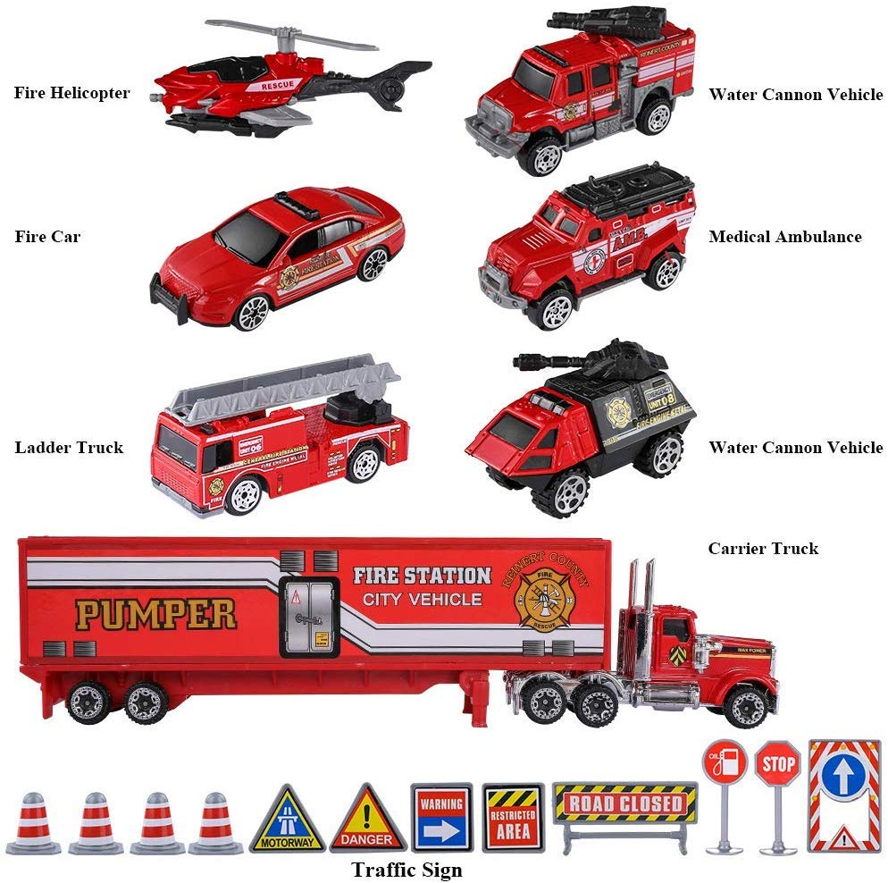 TEMI Diecast Emergency Fire Rescue Vehicle Toy Set w/ Play Mat, Truck