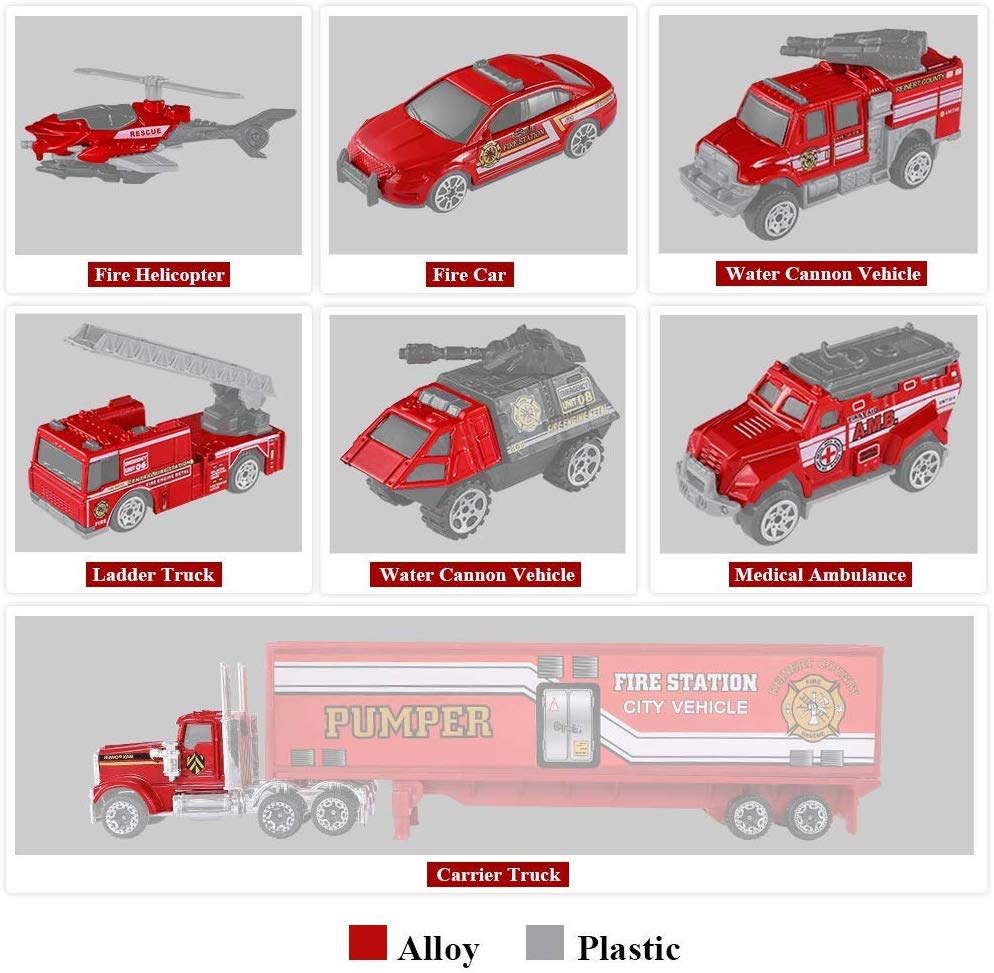 TEMI Diecast Emergency Fire Rescue Vehicle Toy Set w/ Play Mat, Truck