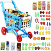 deAO Shopping Cart Trolley for Children Play Set Includes 78 Grocery Food Fruit Vegetables Shop Accessories for Kids Boys and Girls (BLUE)