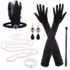 FEPITO 7 Pieces 1920s Flapper Great Gatsby Accessories Set Fashion Roaring 20's Theme Set with Headband Headpiece Long Black Gloves Necklace Earrings for Women(Set A)
