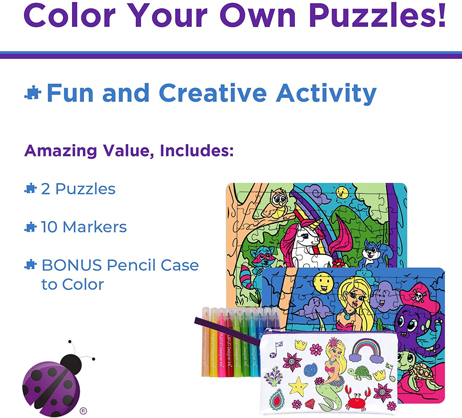 Purple Ladybug Jigsaw Puzzles Craft Kit for Girls with Unicorn & Mermaid Designs