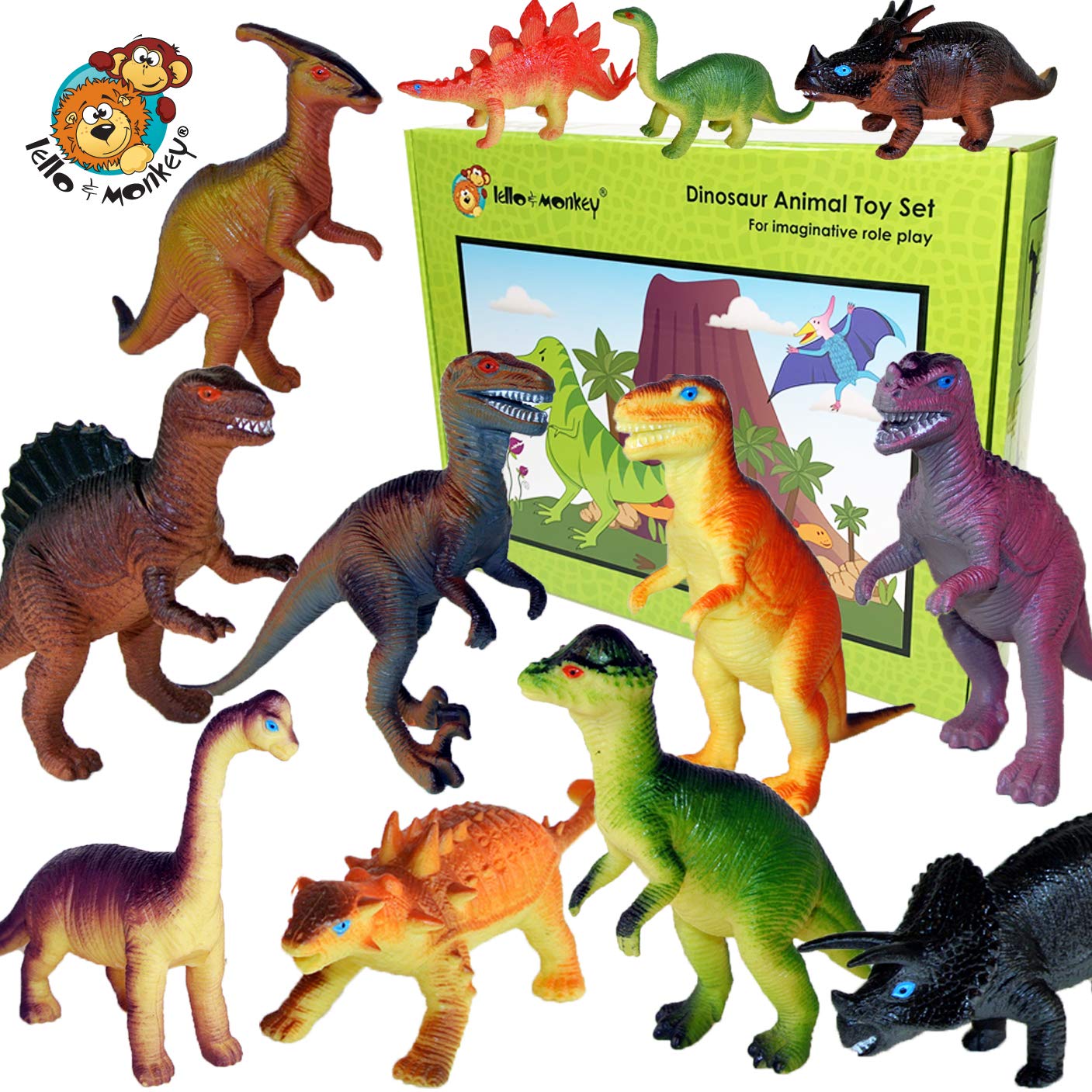 Large 7 inch dinosaur Lello & Monkey Dinosaur toys set of 12 plastic dinosaurs 