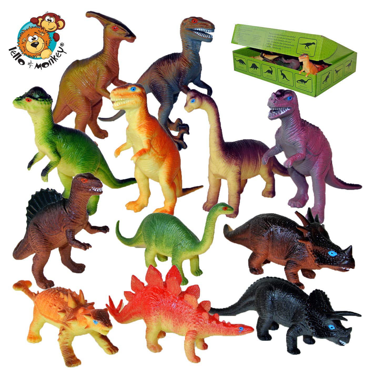 Large 7 inch dinosaur Lello & Monkey Dinosaur toys set of 12 plastic dinosaurs 