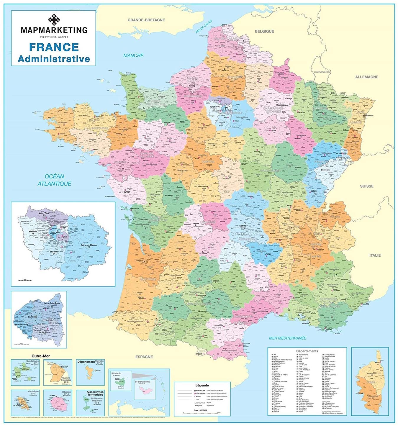 French Administrative Map – Political Wall Map of France – TopToy