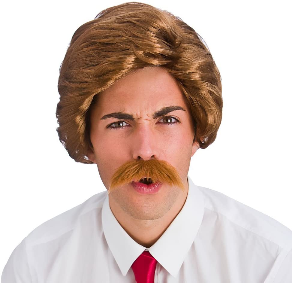 Mens Brown 70’s Retro Newsreader Funny Guy Wig And Moustache Toptoy