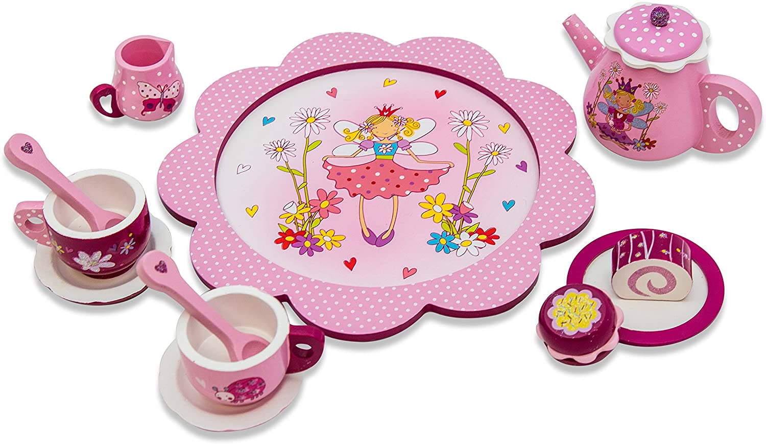 Lucy Locket Luxury ‘Fairy Tale’ Wooden Tea Set & Cakes 12 piece Pink