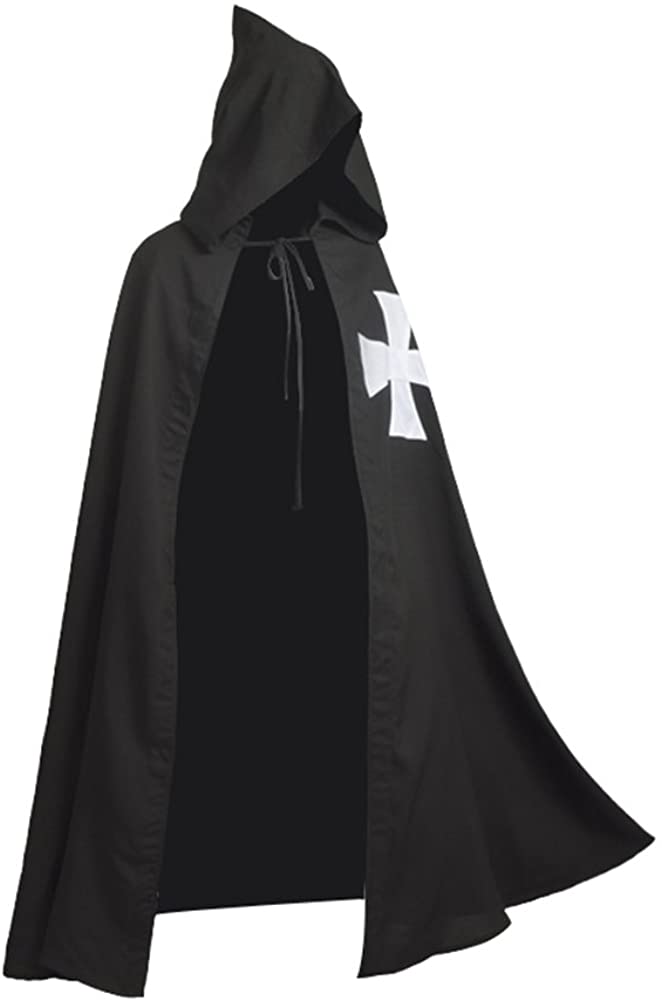 BLESSUME Meidieval Knights Cloak Black LARP Cape with White Cross