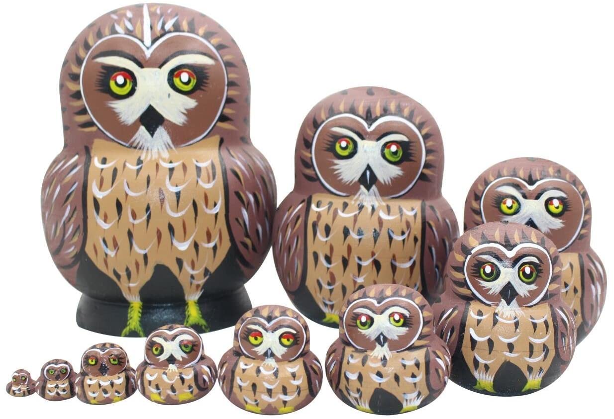 Winterworm 1 Set 10 Pcs Cute Owl Animal Theme Wooden Stacking Nativity Nesting Handmade Matryoshka Doll Kids Toy Gift