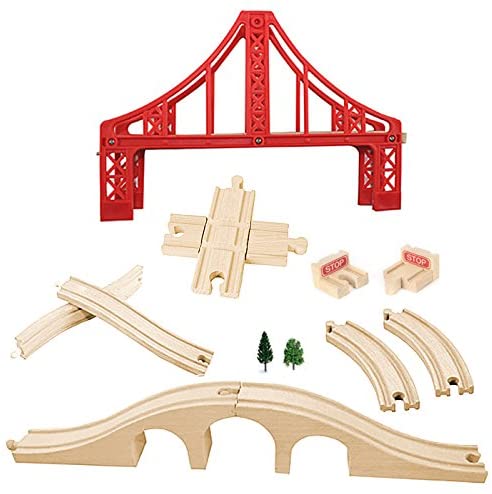 OrgMemory Wooden Train Track Set, Wooden Railway, Suspension Bridge, Viaduct Bridge, Cross Track, Curved Track and Stop Track Compatible with All Major Brands