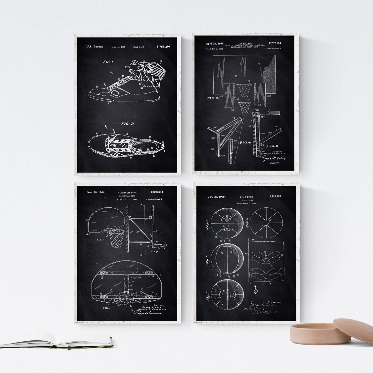 Nacnic BLACK - Pack of 4 sheets with Patent BALONCESTO 2. Set posters with inventions and old patents. Choose the color you like. Printed on 250 grams