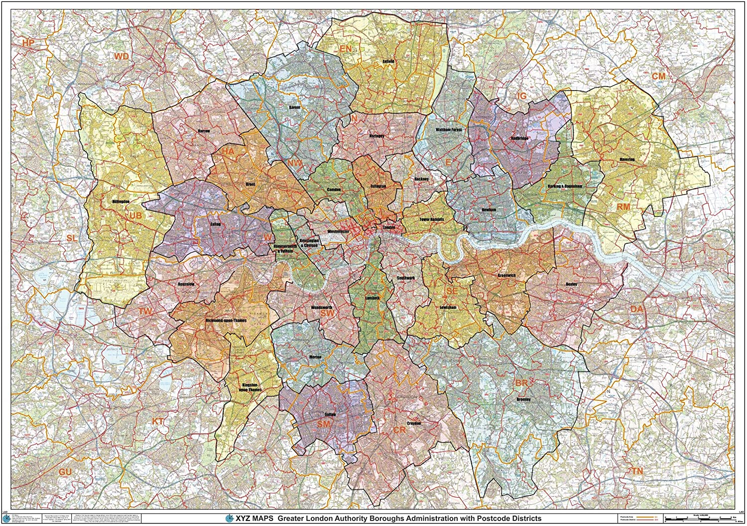 Greater London Authority Boroughs with Postcode Districts Wall Map – 47 ...