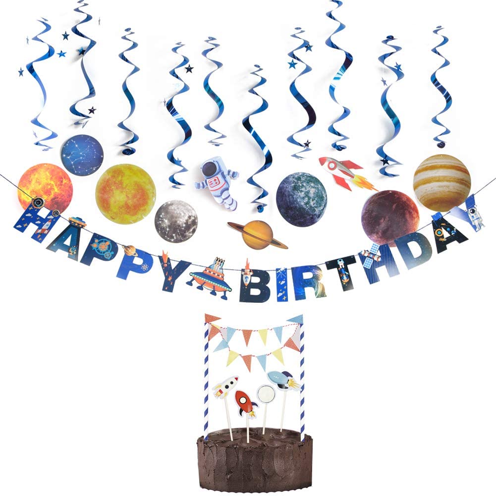 Easy Joy 12 Pieces Solar System Birthday Party Supplies Outer Space Party Planet Hanging Swirl Decorations with Cake Toppers Set 