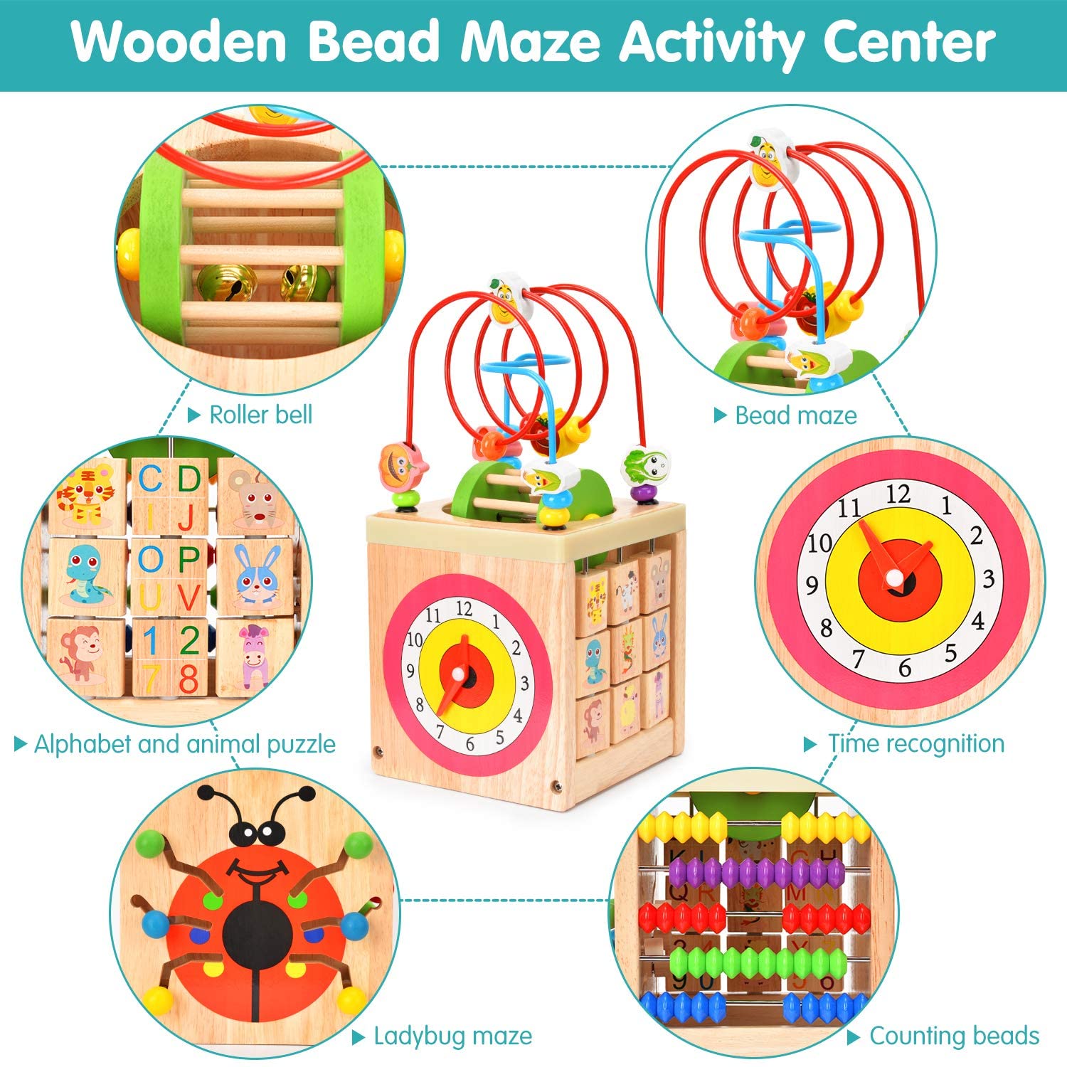 Wesimplelife Wooden Activity Cube 6 in 1 Activity Center Multifunction Bead Maze Toy Roller Coaster Preschool Early Educational Toys Gift for Child Kids Boys Girls - Image 4