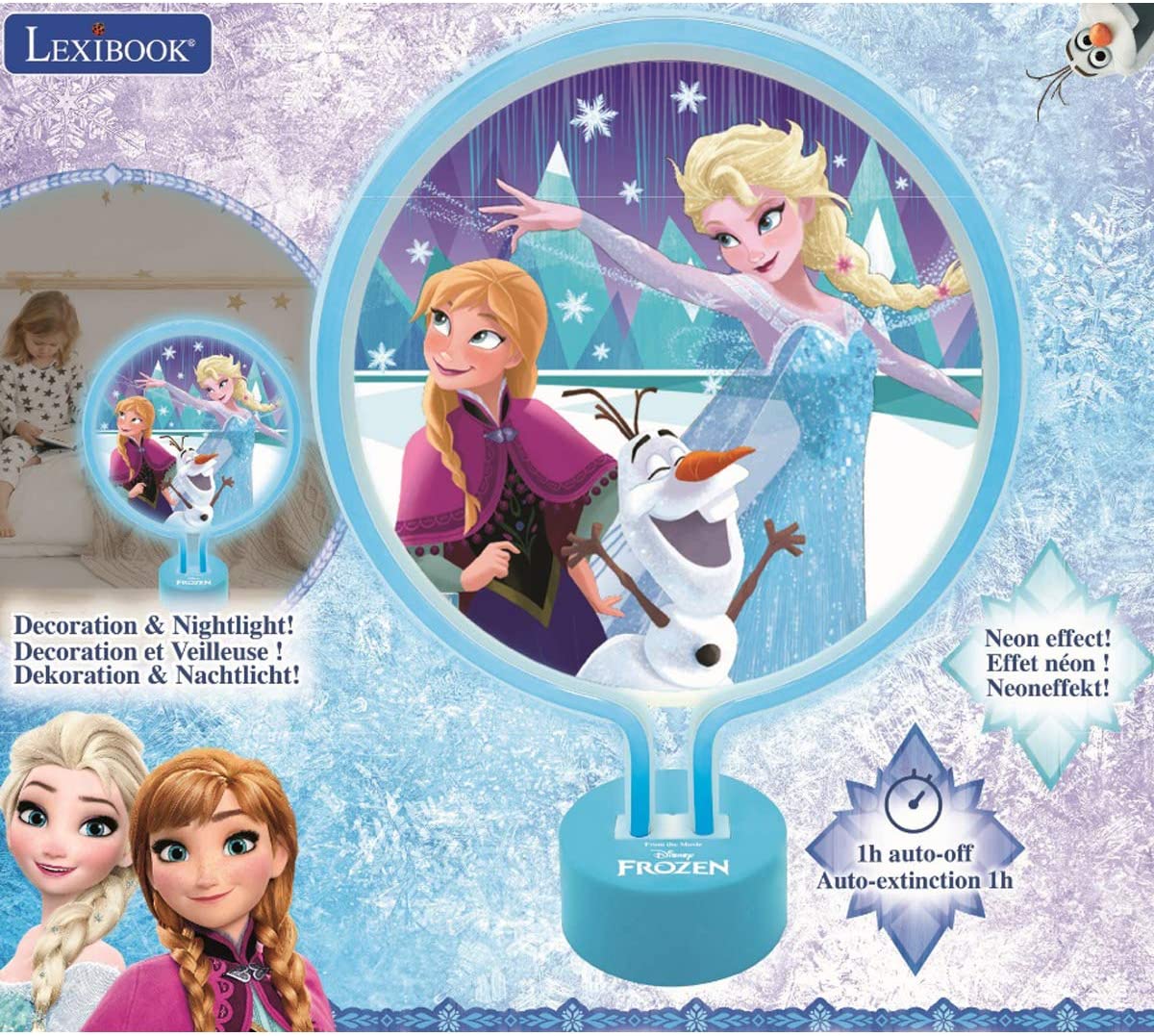 LEXIBOOK LTP100FZ Disney Frozen Neon Lamp with Anna, Elsa and Olaf, Kid Bedroom ICY Nightlight