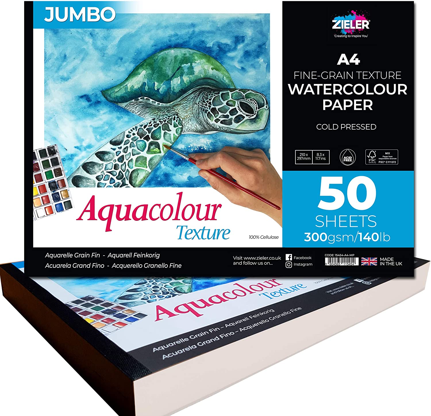 Jumbo Fine-Grain Textured Watercolour Paper A4 Pad - by Zieler. 50 Sheets, 300gsm / 140lb, A4 Landscape. Ideal for Soaking & Masking. Made in UK – FSC Mix & Acid Free. Includes Starter tip Sheet (A4)