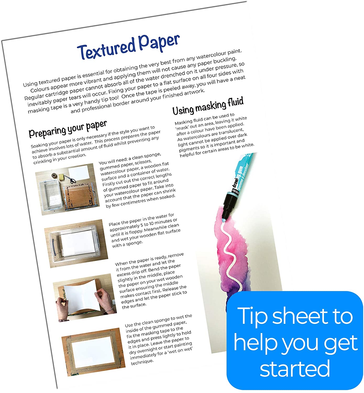 Jumbo Fine-Grain Textured Watercolour Paper A4 Pad - by Zieler. 50 Sheets, 300gsm / 140lb, A4 Landscape. Ideal for Soaking & Masking. Made in UK – FSC Mix & Acid Free. Includes Starter tip Sheet (A4) - Image 4