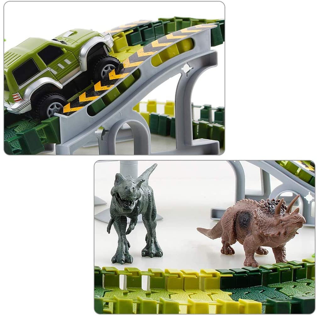 Yeelan Dinosaur Race Track Car Toy Set 142 PCS Electric Flexible Dino