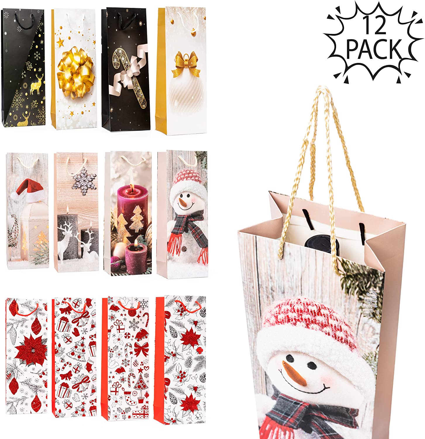 THE TWIDDLERS - 12 Christmas Wine Gift Bags, Assorted Festive Xmas Designs