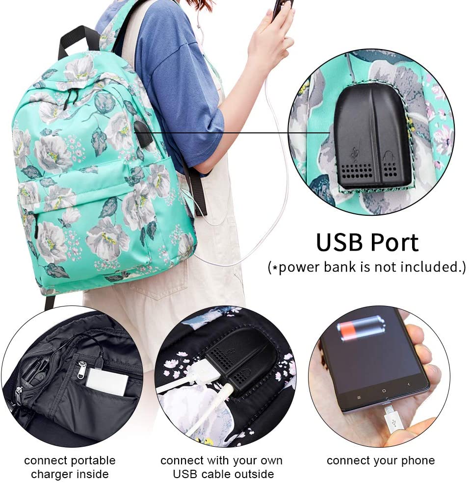 Black misognare Girls School Backpack Set Lightweight College Bookbag with USB Charging Port Casual Travel Daypack for Teens Boys Student 