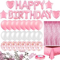 iZoeL Pink Birthday Party Decoration for Girls Happy Birthday Banner Baloons Fringe Curtain Foil Tablecloth Heart Star Foil Confetti Balloons and 10g Table Confetti for Women Birthday Party