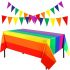 2 Pieces 51 x 71 Inch Carnival Pride Rainbow Disposable Plastic Tablecloth Rectangle Table Cover with 2 Pieces 20 Feet Colorful Triangle Rainbow Pennant Banner for Gay Parade Festival Party Decoration