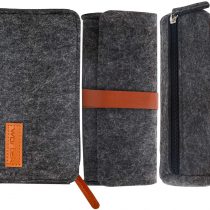 wortek Felt pencil case, 3 compartments, black, 1 x pencil case, 1 x pencil case, 1 x bag with faux leather strap for pens, pencil, ballpoint pen, set square, pack of 3, anthracite