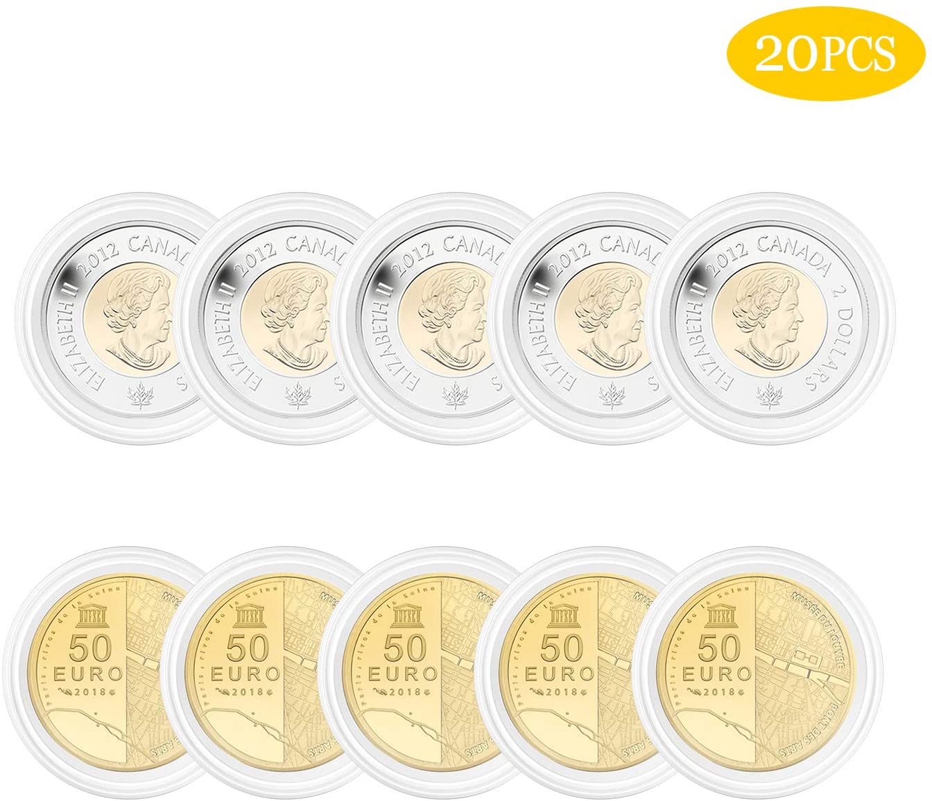 HIMETSUYA 20pcs 46mm Coin Holder Capsules Container Transparent Round