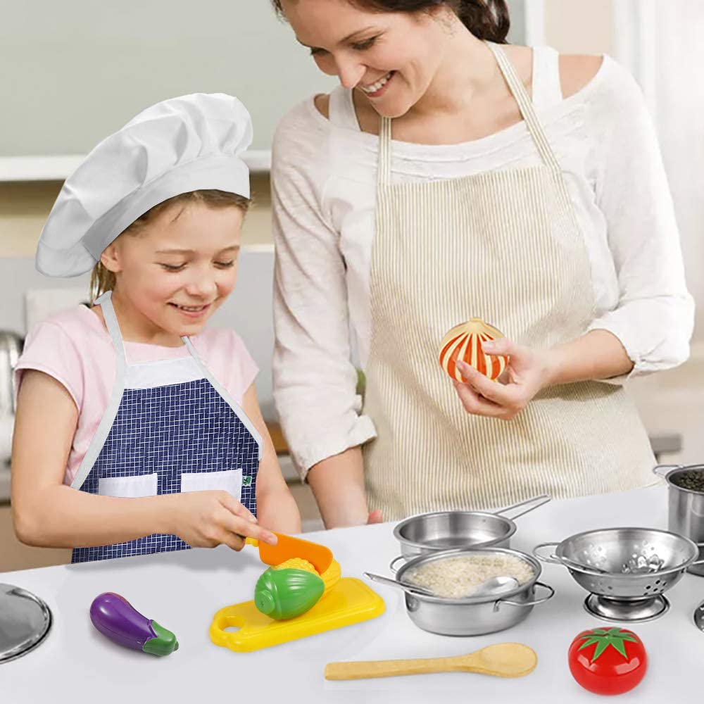 Sundaymot Play Kitchen Accessories, Wooden Play Food, Cooking Set with  Stainless Steel Cookware Pots and Pans Utensils, Apron, Chef Hat, ​Cutting  Food